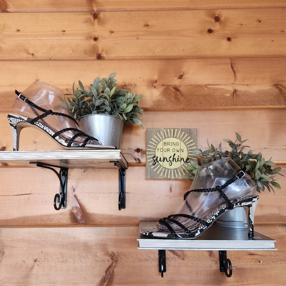 Nine West 💜‎ Game2 Braided Faux Leather Heel Sandals Strappy Snake Square 8.5M - Picture 1 of 10